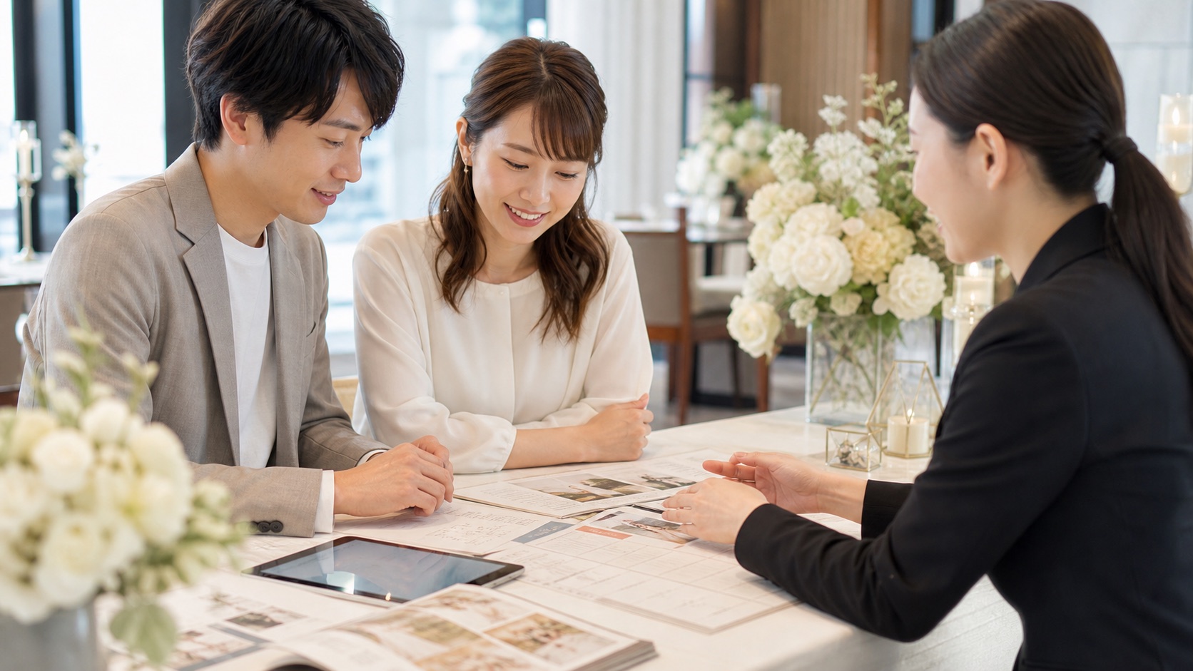 ブライダルフェアで料理やおもてなしを相談するイメージ